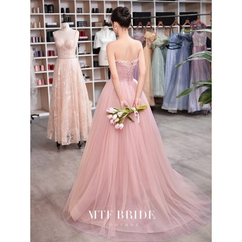 Dusty Pink Tao Yao Off Shoulder Flounce Ruffle Belted Bow Tulle Party Dress