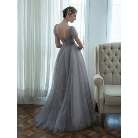 Grey Deep V-neck Puff Sleeves Beaded & Sequin Decor Pleated Tulle Party Dress