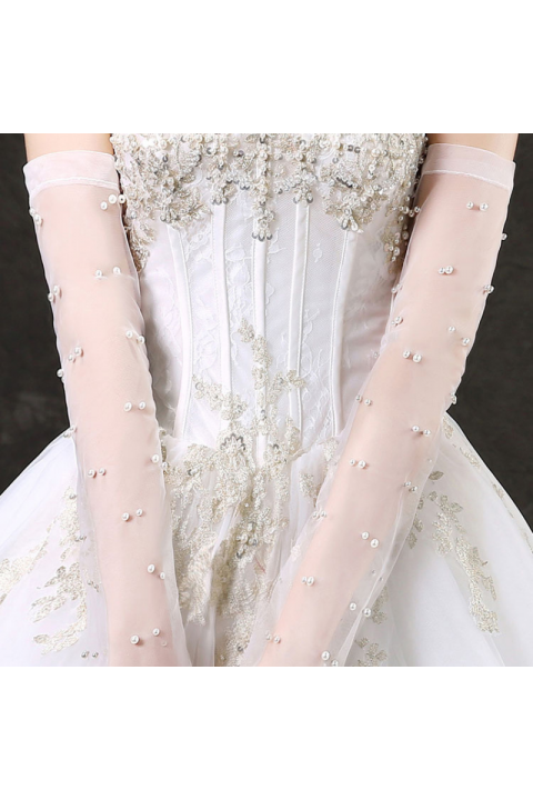 White Fingerless Long Sleeves Beads Decor Tulle Wedding Bridal Gloves