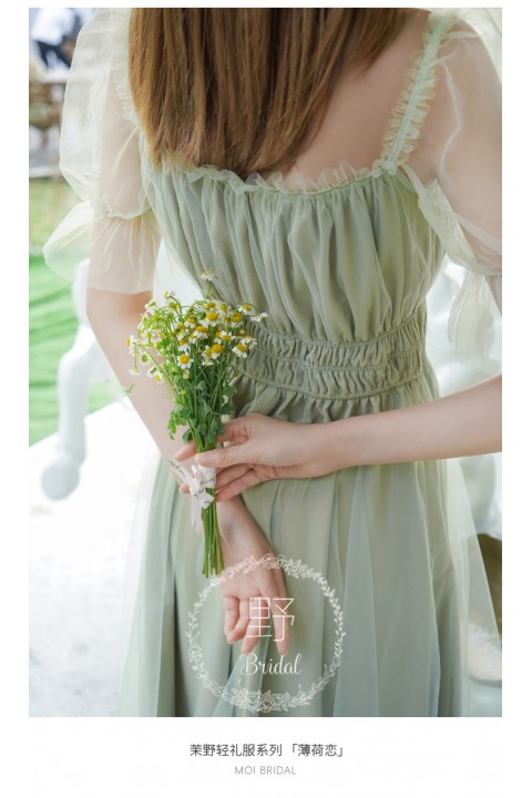 Laurel Green Square Neck Tulle Sleeves High Waist Lace Bridesmaid Dress