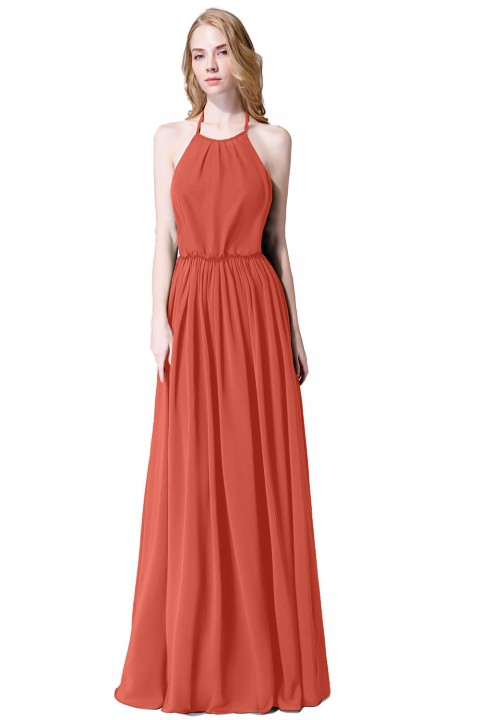 Halter Spaghetti Strap Open Back Chiffon Bridesmaid Dress with Sash