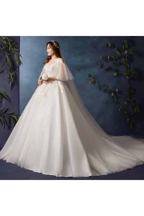 Plus Size 2021 Open Shoulder V Neck Ruffle Tulle Sleeves Beaded Decor Embroidered Flower Tulle Wedding Dress With Long Train