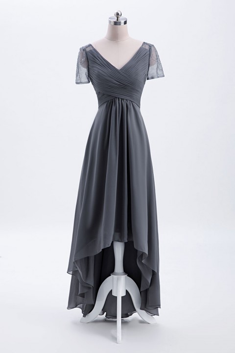 Criss Pleated V-neck High-low Chiffon Bridesmaid Dress with Illusion Sleeves