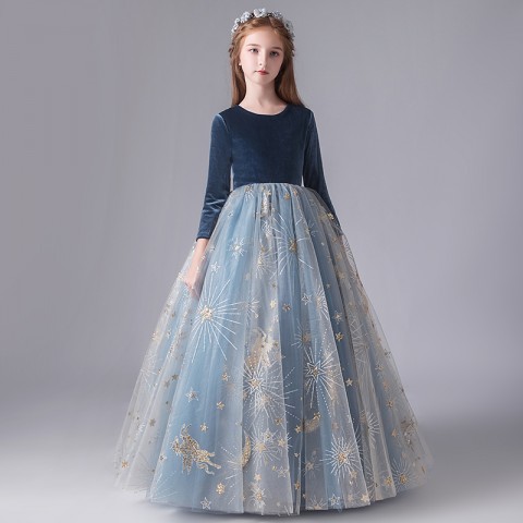 Round Neck Long Sleeve Velet With Sequined Tulle Skirt Girls Pageant Dresses
