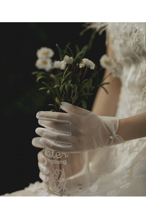 White Pearl Decor Thin Tulle&Satin Wedding Bridal Gloves