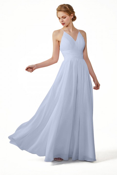 Spaghetti Straps V-Neck Bridesmaid Dress Open Back with Triangle Lace Detail