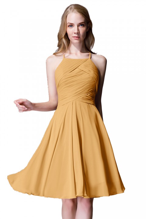 Elegant Halter Tea Length Pleated Chiffon Bridesmaid Dress with Tie Back