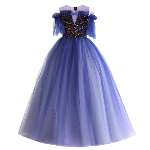 Navy Blue Cold Shoulder Short Sleeves Sequin Shiny Tulle Skirt Girls Pageant Dress