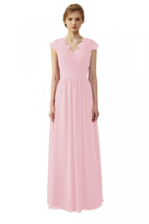 Lace Cap Sleeves  V-Neck Lace Back Closure with Keyhole Bridesmaid Dress