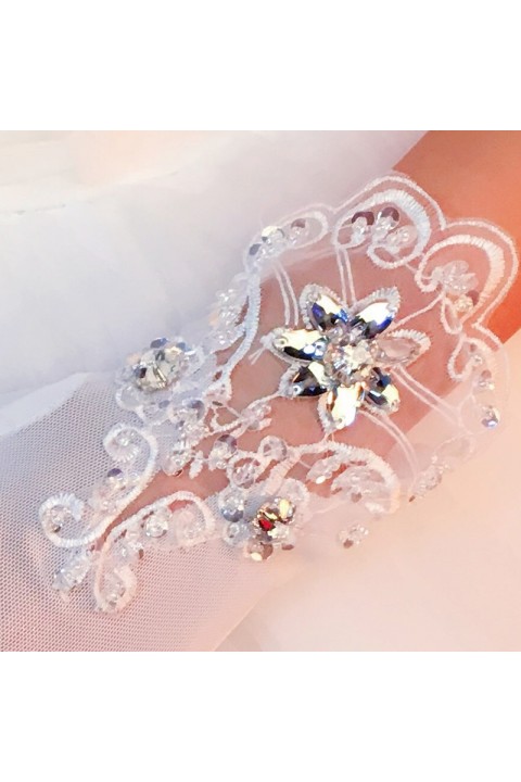 White Thin Lace&Tulle Crystal Decor Bridal Gloves