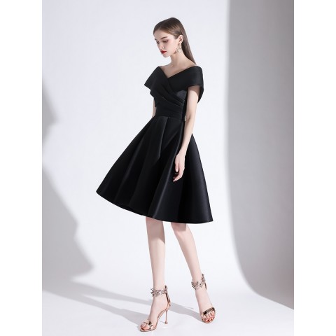 Celebrity Style Black V-Neck Sleeveless Satin Party Dress