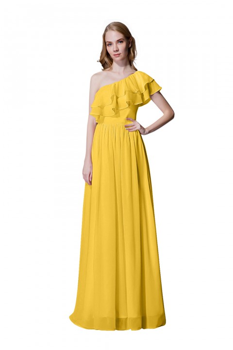 Asymmetrical One-Shoulder Flounce Chiffon Bridesmaid Dress Long