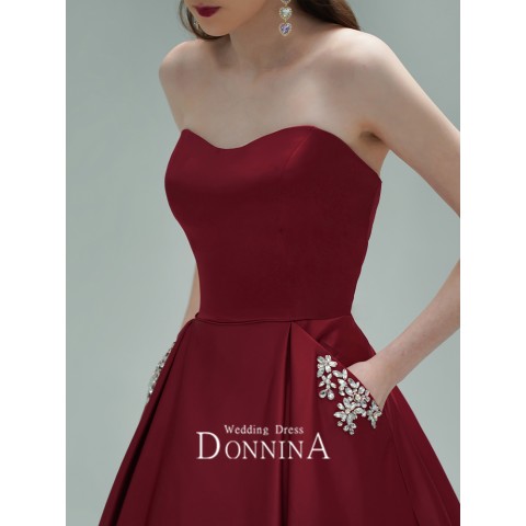 Burgundy Off Shoulder Sweetheart Neck Beaded Flower Decor Vintage Satin Party Dress