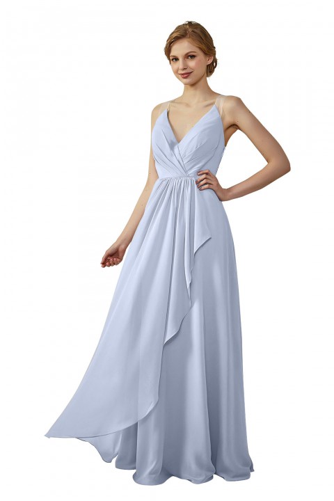 Lace Illusion Back Clousre Tulle Strap V-Neck Bridesmaid Dress with Ruffle