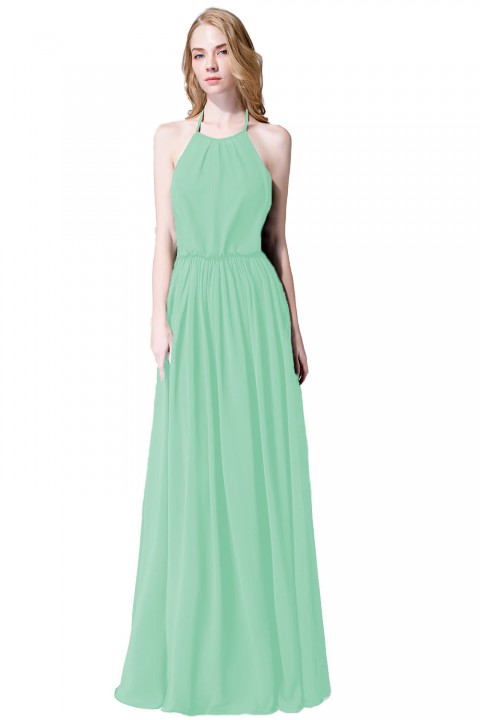 Halter Spaghetti Strap Open Back Chiffon Bridesmaid Dress with Sash