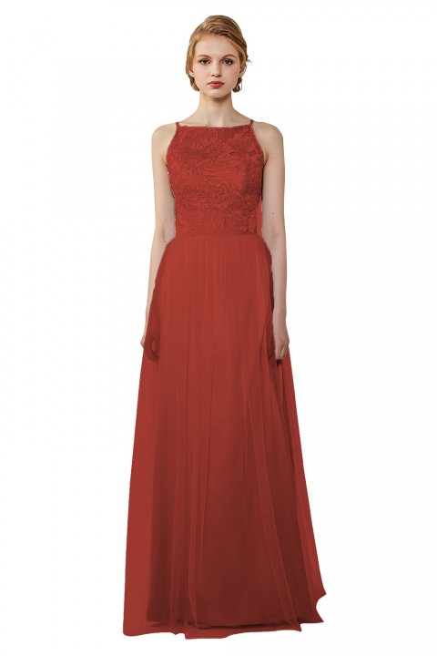 Tulle Lace Illusion Boatneck and Back Bridesmaid Dress with Keyhole 