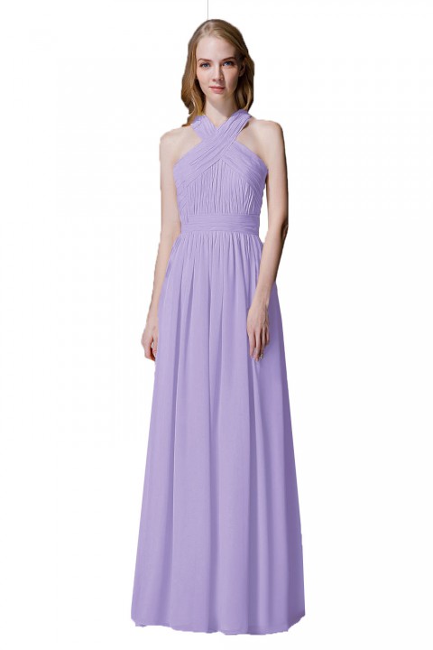 Criss-cross Halter Pleated Chiffon Bridesmaid Dress with Cross-straps Back