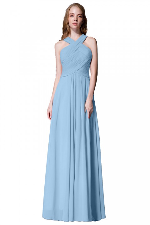 Chic Criss-cross Halter Pleated Chiffon Bridesmaid Dress Long