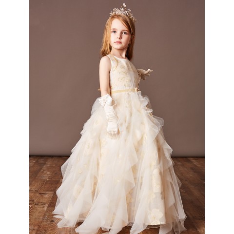 Champagne Sequins Sleeveless Princess Lace Skirt Girls Pageant Dresses