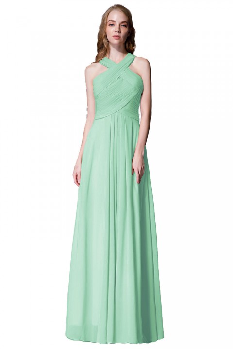 Chic Criss-cross Halter Pleated Chiffon Bridesmaid Dress Long