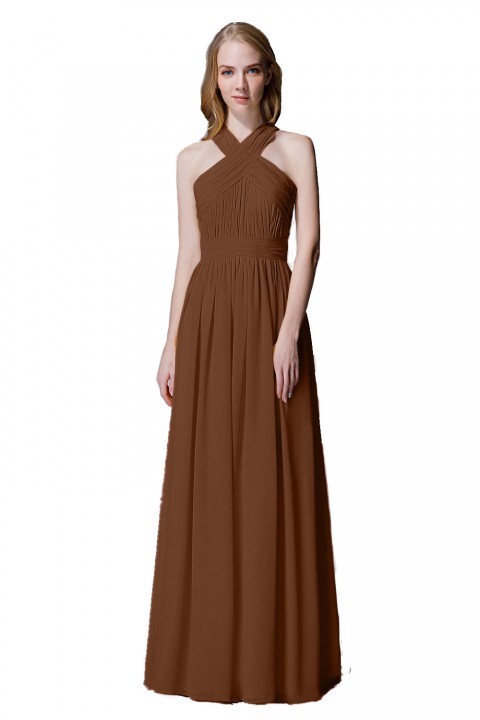 Criss-cross Halter Pleated Chiffon Bridesmaid Dress with Cross-straps Back