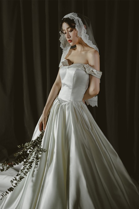 Off Shoulder Pearl Beaded A Line Satin Wedding Dress with Train