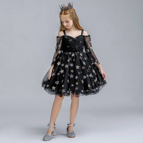 Black Straps Long Sleeves Sequined Stars Decor Tulle Skirt Girls Pageant Dresses