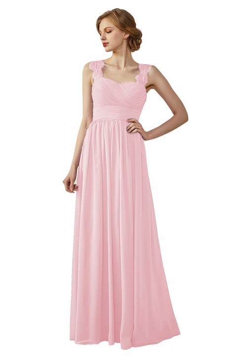 Pleated Long Chiffon Open Back Lace Strap Bridesmaid Dress