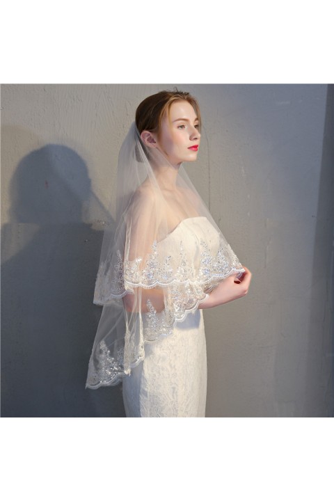 Lace Crochet Sequins Decor Two-Tier Bridal Veil