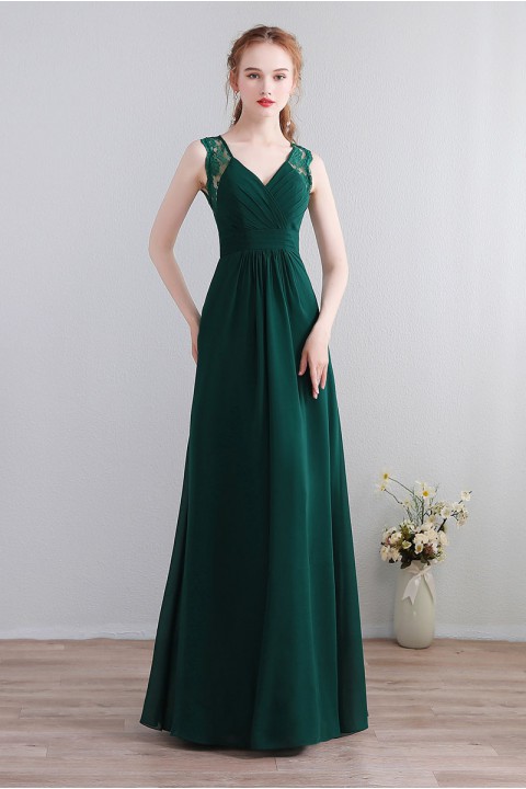 V Neck Illusion Lace Straps Keyhole Back Chiffon Ruched Bridesmaid Dress