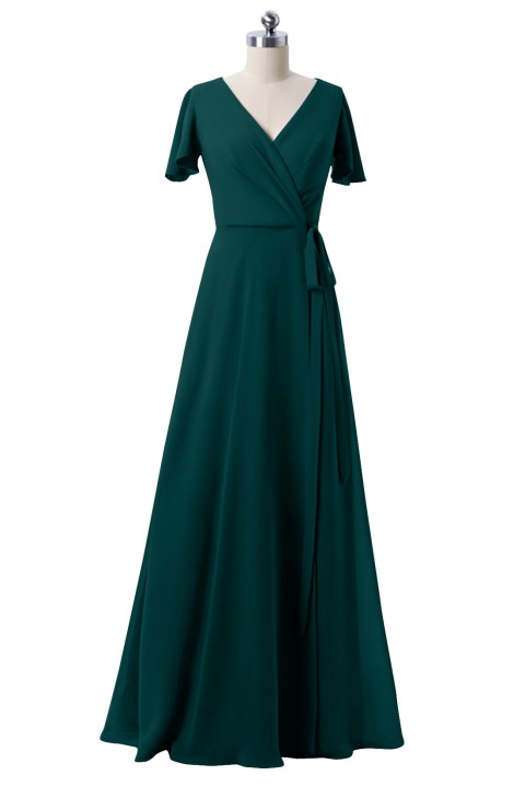 V-neck Short Sleeves Side Slit Skirt Chiffon Bridesmaid Dress with Belt