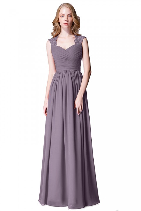 Modest Cap Sleeves Chiffon Long Bridesmaid Dress with Lace Back