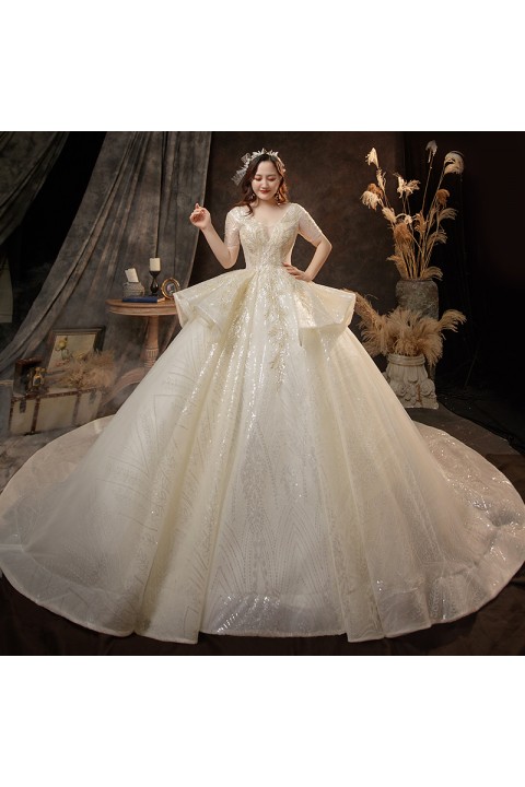 Plus Size 2021 Deep V-neck short Sleeves Beaded Flounce Hemline Tulle Wedding Dress With Long Train