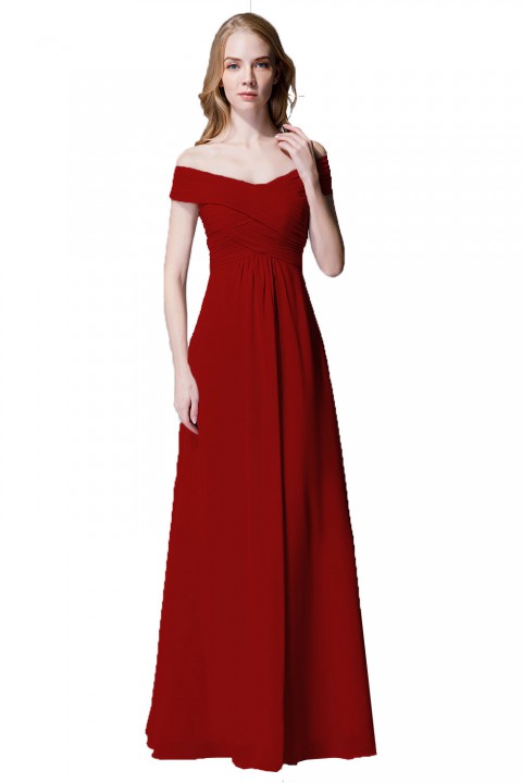 Crisscross Off-the-Shoulder Pleated V-back Bridesmaid Dress Long