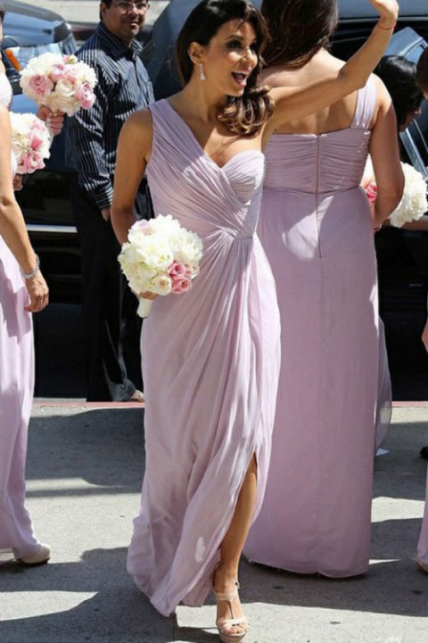 Asymmetrical One Shoulder Ruched Bridesmaid Dress with Slit