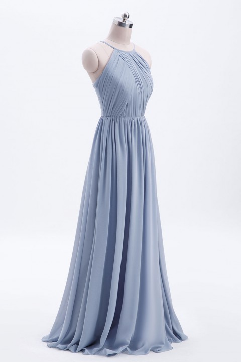 Pleated A-Line Halter Spaghetti-Straps Back Chiffon Bridesmaid Dress