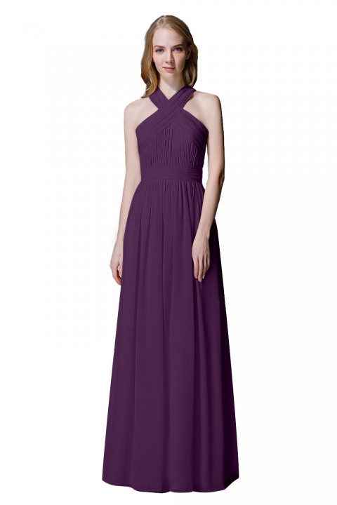 Criss-cross Halter Pleated Chiffon Bridesmaid Dress with Cross-straps Back