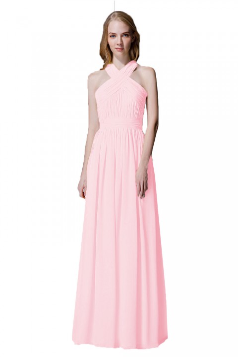 Criss-cross Halter Pleated Chiffon Bridesmaid Dress with Cross-straps Back