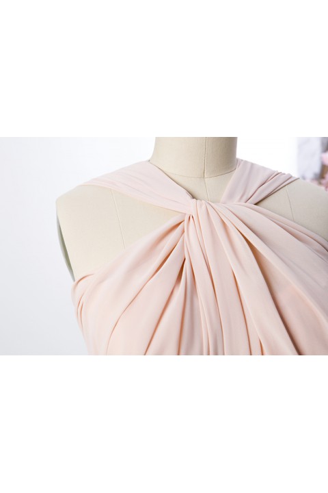 Twisted Halter Neck Pleated Bodice Illusion Back Chiffon Long Bridesmaid Dress