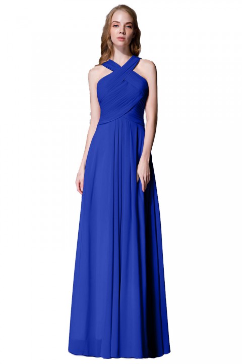 Chic Criss-cross Halter Pleated Chiffon Bridesmaid Dress Long