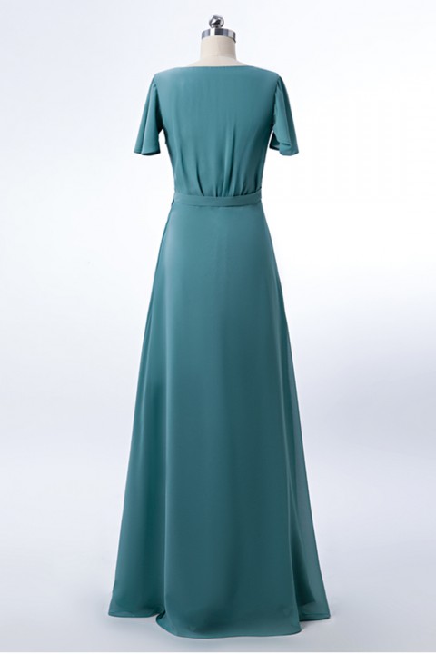 V-neck Short Sleeves Side Slit Skirt Chiffon Bridesmaid Dress with Belt