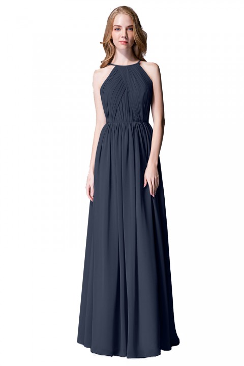 Pleated A-Line Halter Spaghetti-Straps Back Chiffon Bridesmaid Dress