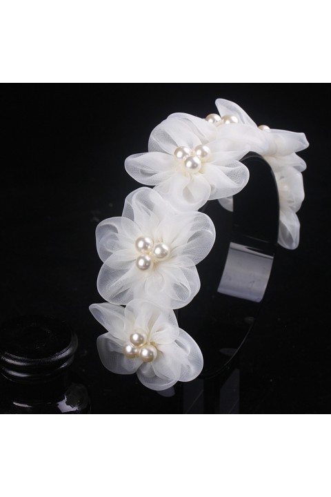 White Handmade Pearl Decor Flower Shape Bridal Headband