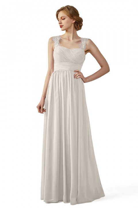 Pleated Long Chiffon Open Back Lace Strap Bridesmaid Dress