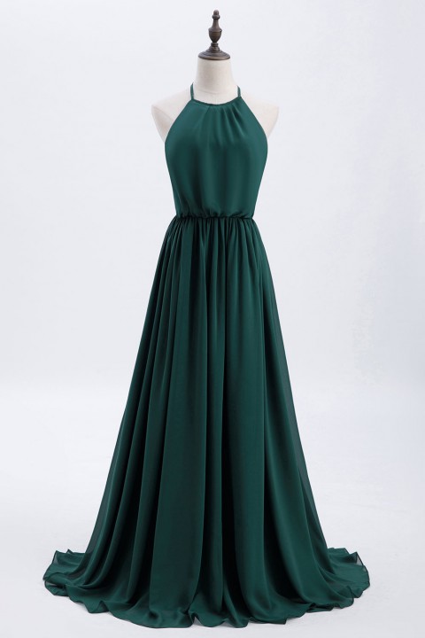 Halter Spaghetti Strap Open Back Chiffon Bridesmaid Dress with Sash