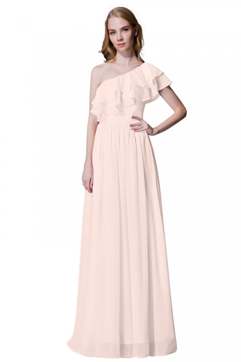 Asymmetrical One-Shoulder Flounce Chiffon Bridesmaid Dress Long