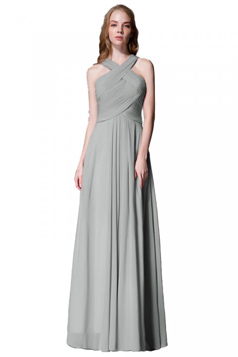 Chic Criss-cross Halter Pleated Chiffon Bridesmaid Dress Long