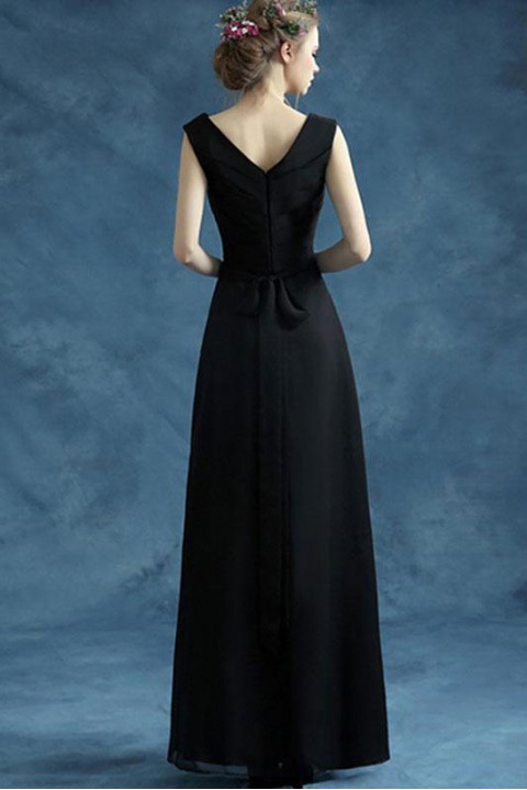 V Neck & Back Pleated A Line Chiffon Bridesmaid Dress with Belt