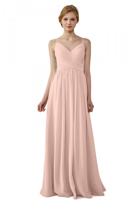 Spaghetti Straps Pleated Low V Back Bridesmaid Dress