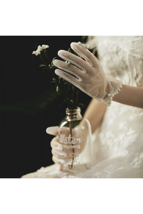 White Pearl Decor Soft Tulle Wedding Bridal Gloves